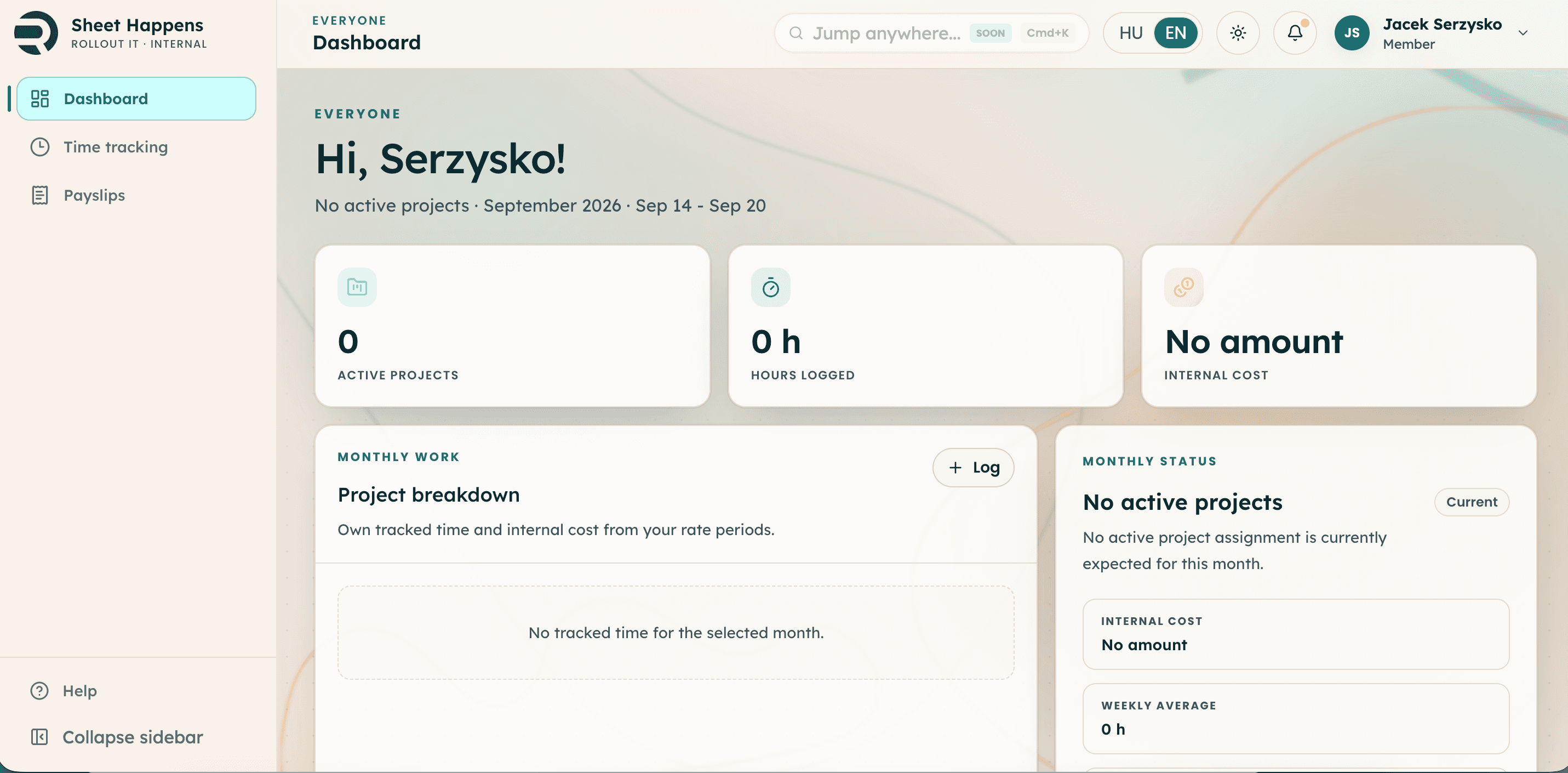 Sheet Happens member dashboard showing active projects, hours logged and internal cost.
