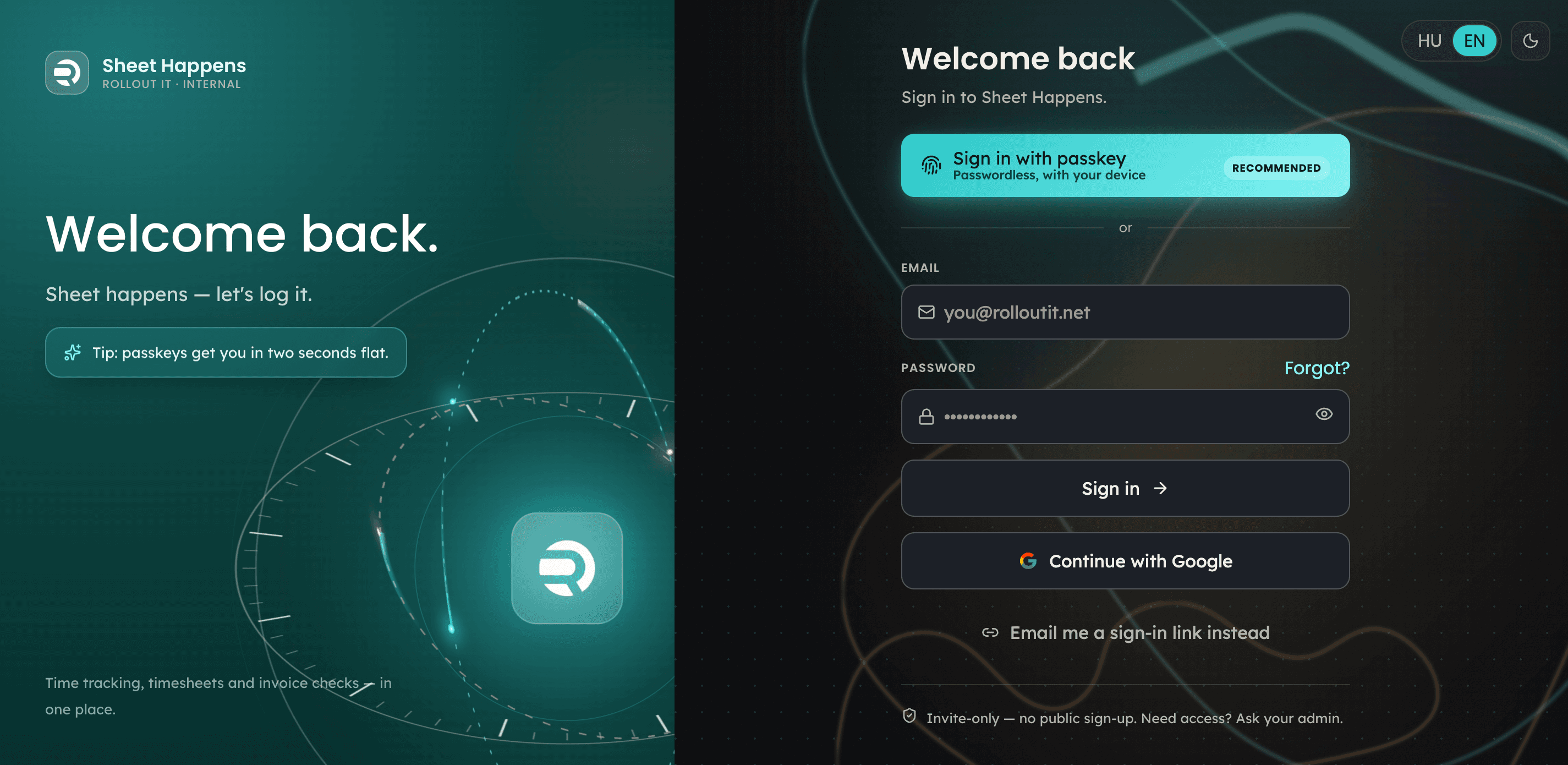 Sheet Happens sign-in screen: 'Welcome back, sign in to Sheet Happens', with passkey, email and Google sign-in options.
